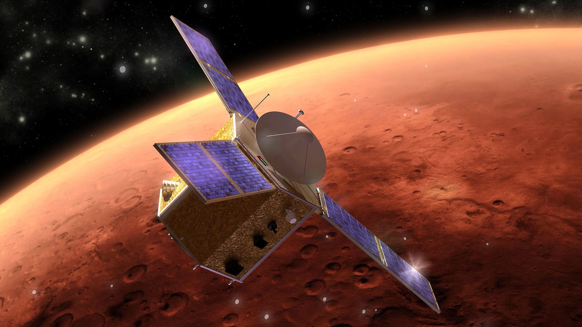 Al-Amal im Orbit um den Mars (künstlerische Darstellung) Al-Amal im Orbit um den Mars (künstlerische Darstellung)