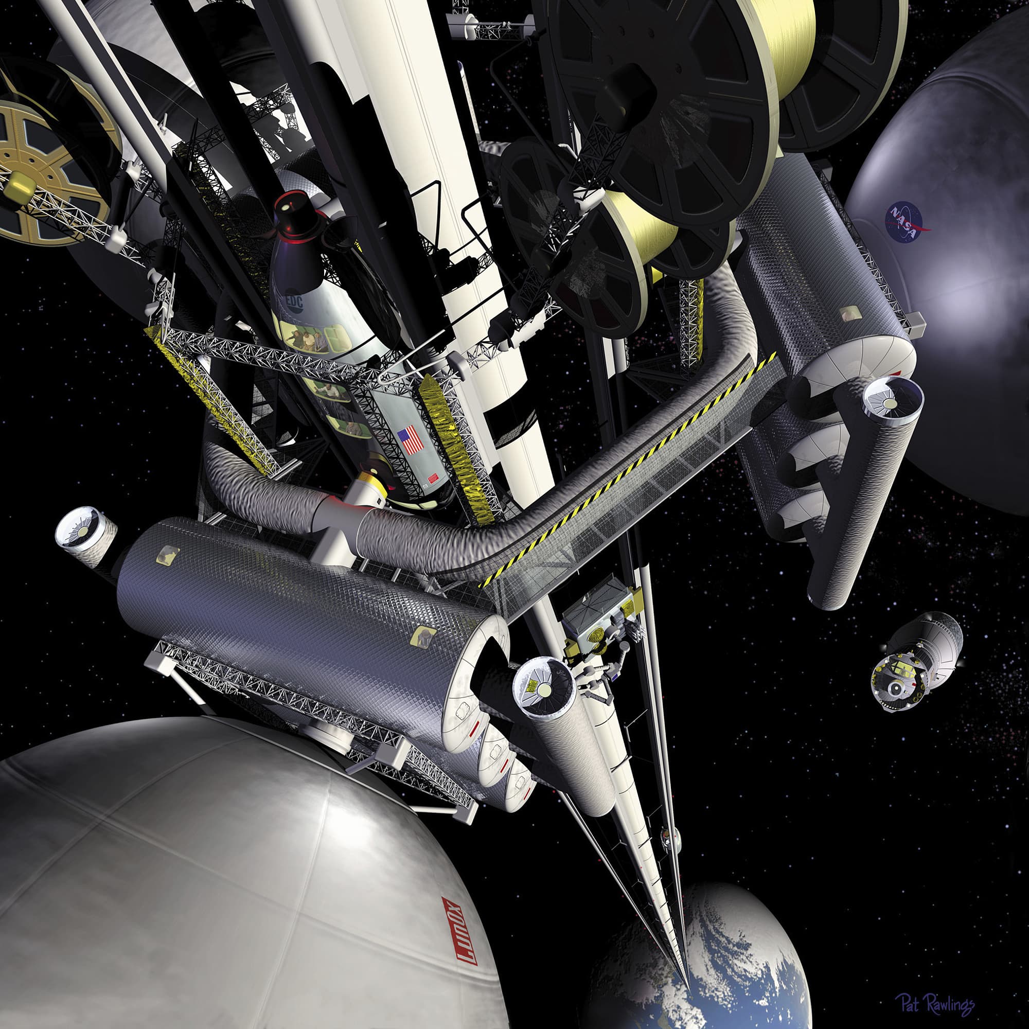 Künstlerische Darstellung eines Weltraumlifts. Künstlerische Darstellung eines Weltraumlifts.