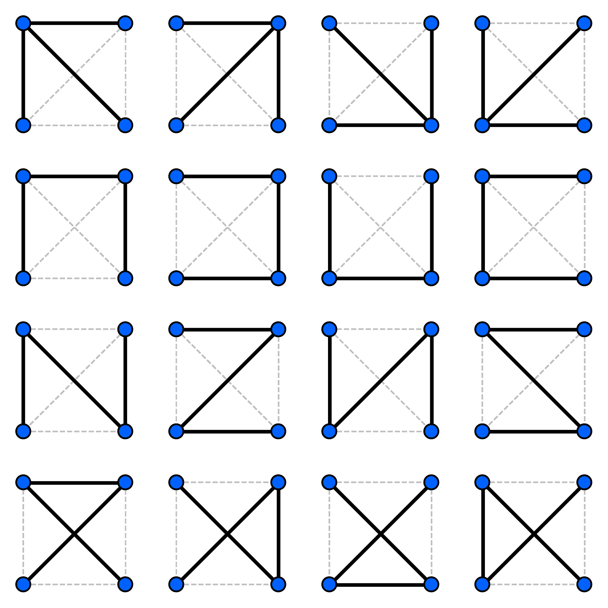 All 16 spanning trees of the complete grah with 4 nodes. All 16 spanning trees of the complete grah with 4 nodes.
