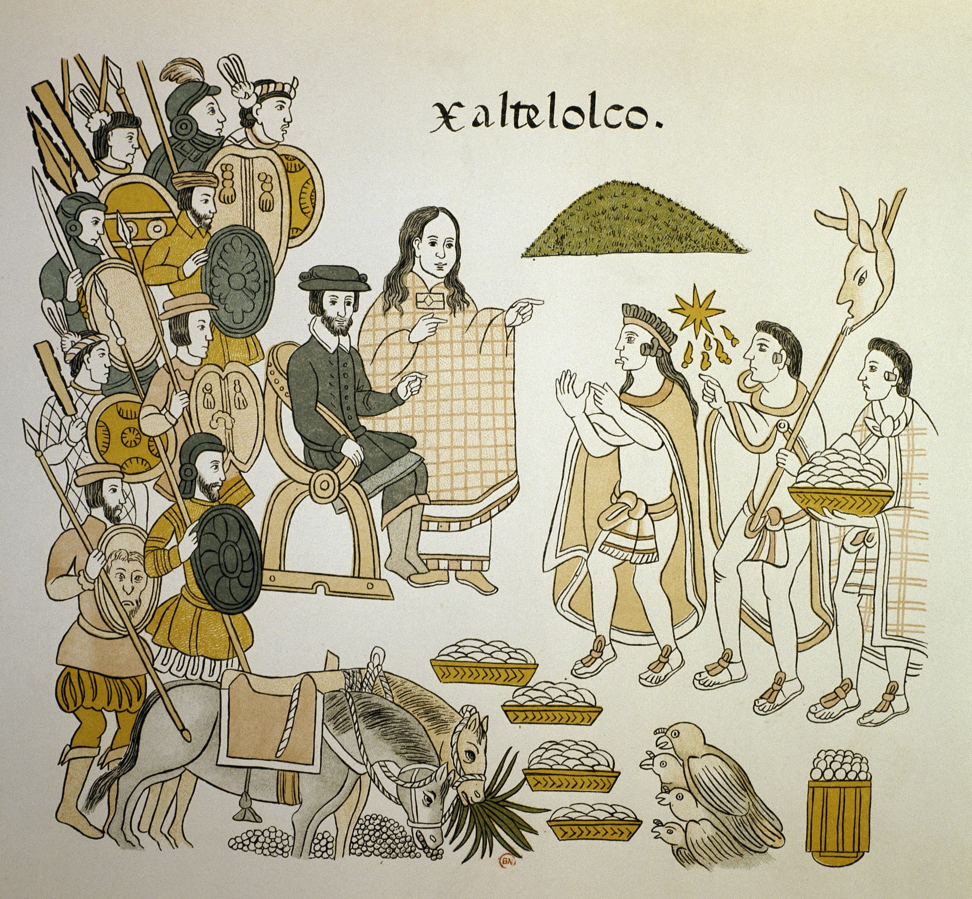 Cortés trifft Moctezuma, Malinche muss übersetzen Cortés trifft Moctezuma, Malinche muss übersetzen