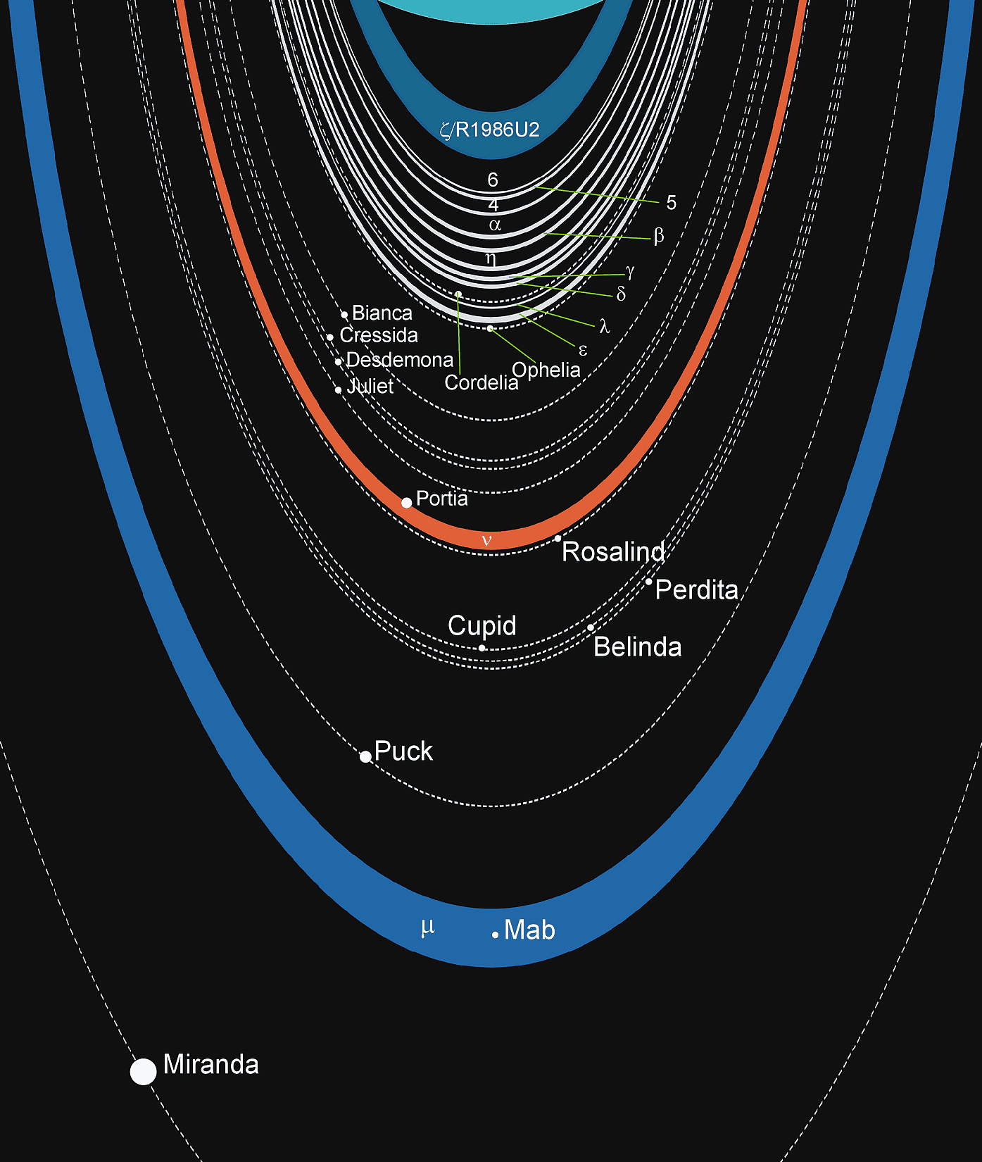 Das Ringsystem des Uranus (Schemazeichnung) Das Ringsystem des Uranus (Schemazeichnung)