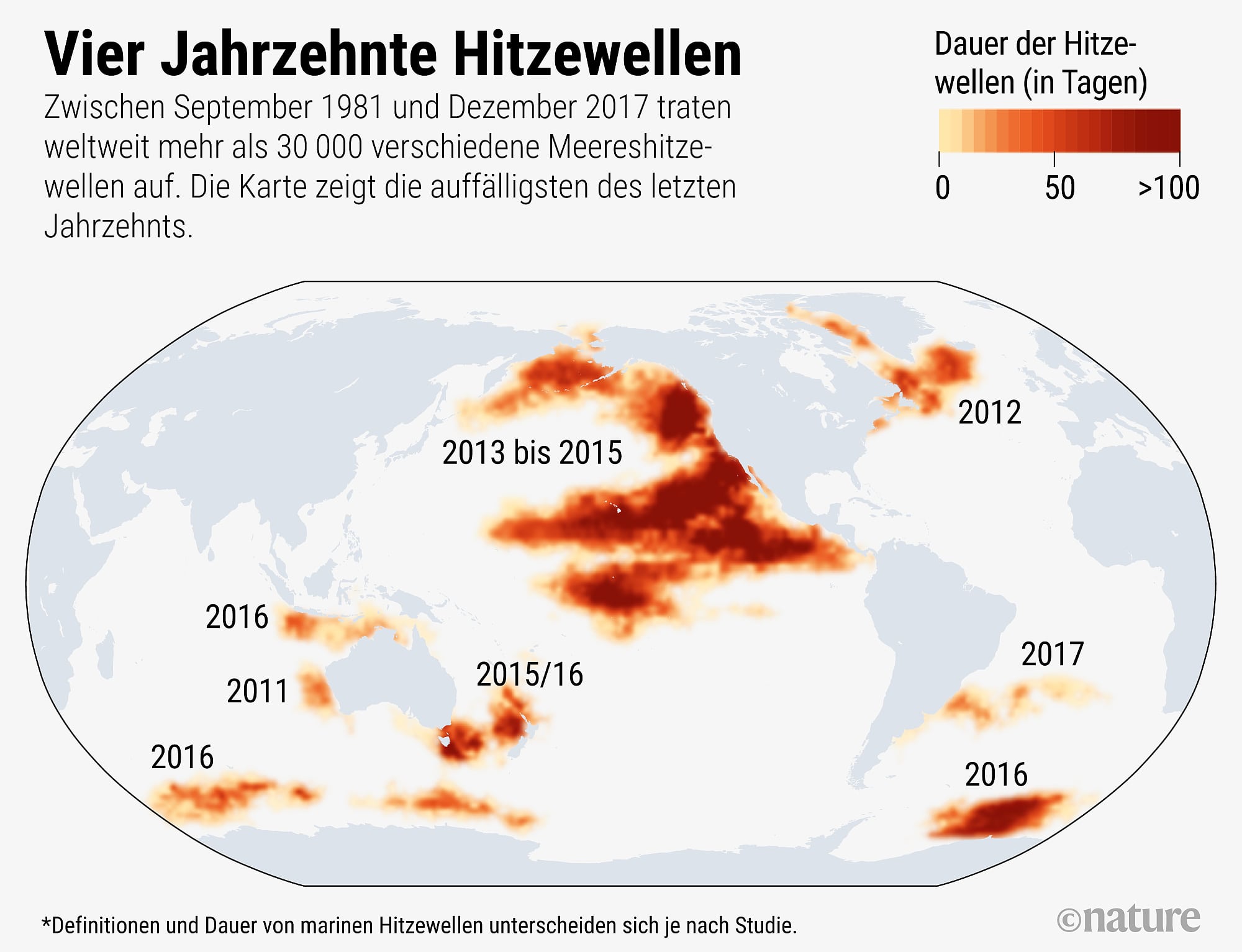 In den letzten Jahrzehnten ereigneten sich einige marine Hitzewellen in den Weltmeeren In den letzten Jahrzehnten ereigneten sich einige marine Hitzewellen in den Weltmeeren