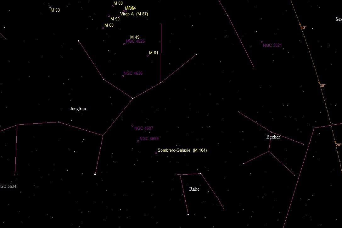 Aufsuchkarte der Galaxien rund um das Sternbild Jungfrau (Virgo) Aufsuchkarte der Galaxien rund um das Sternbild Jungfrau (Virgo)
