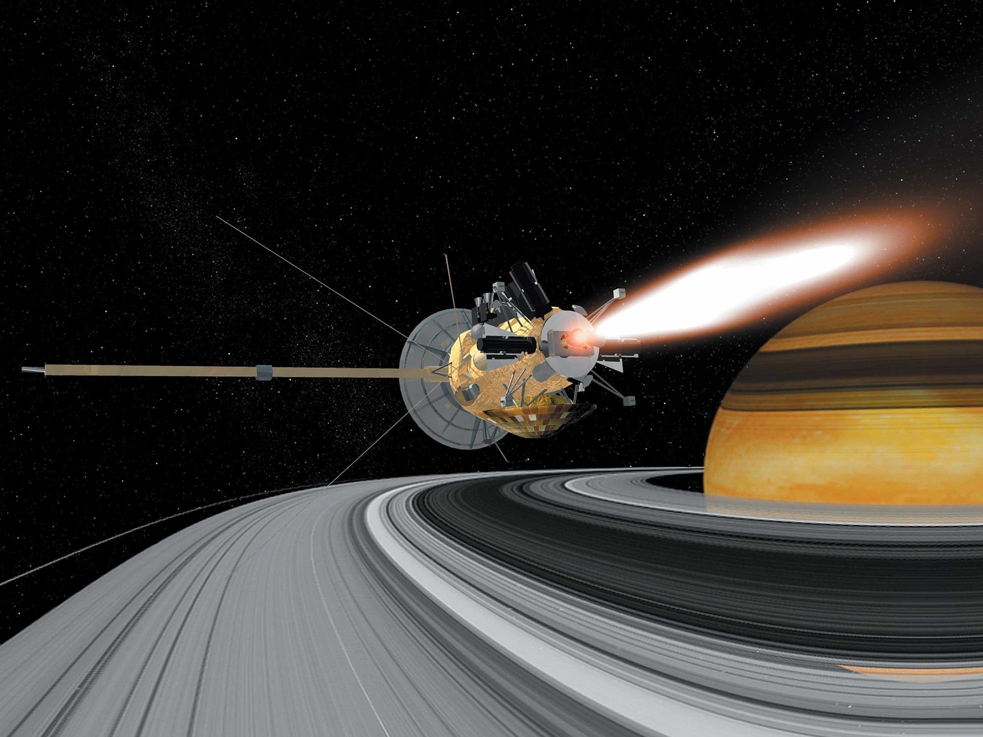 Künstlerische Darstellung von Cassini neben Saturn Künstlerische Darstellung von Cassini neben Saturn