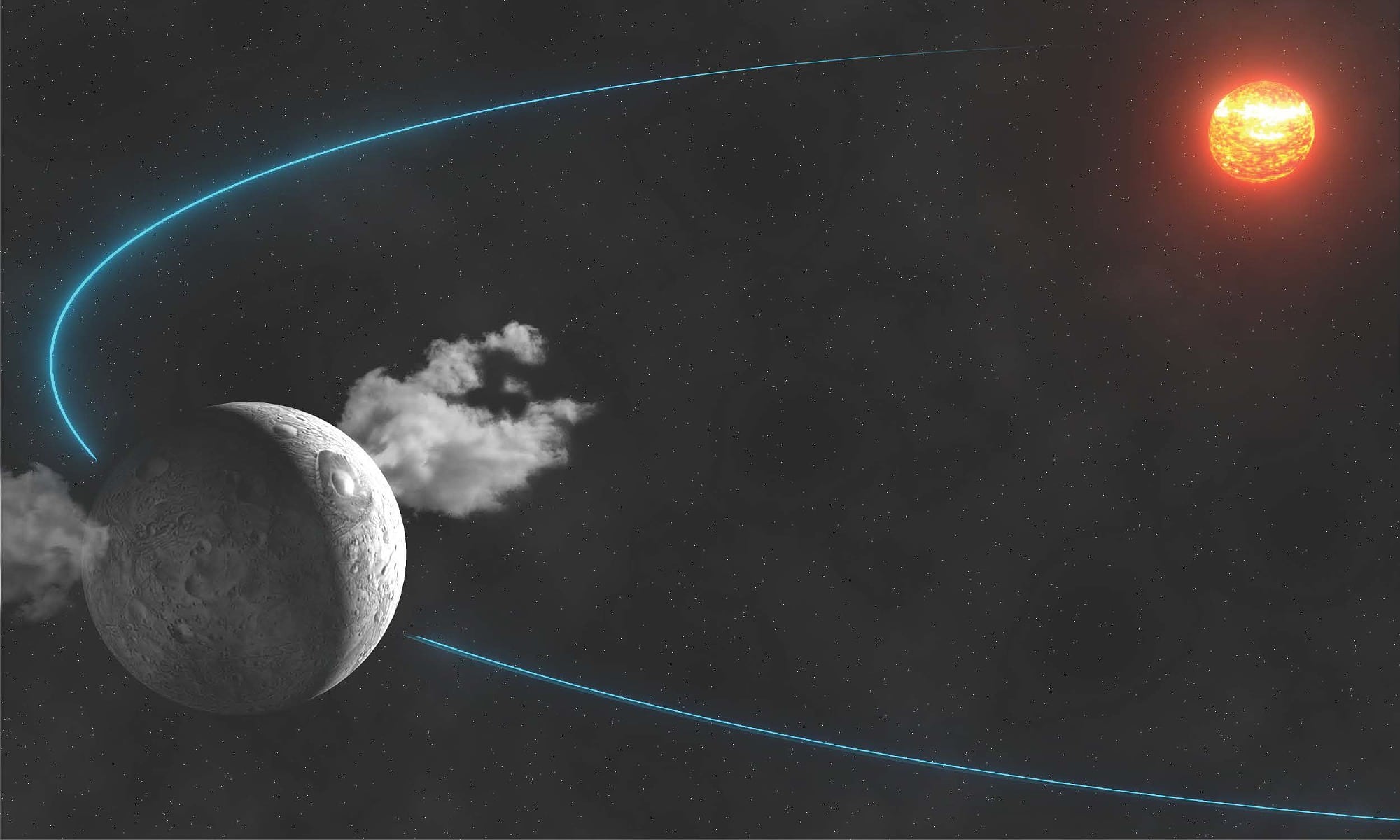 Zwergplanet Ceres stößt Wasserdampf aus (künstlerische Darstellung) Zwergplanet Ceres stößt Wasserdampf aus (künstlerische Darstellung)