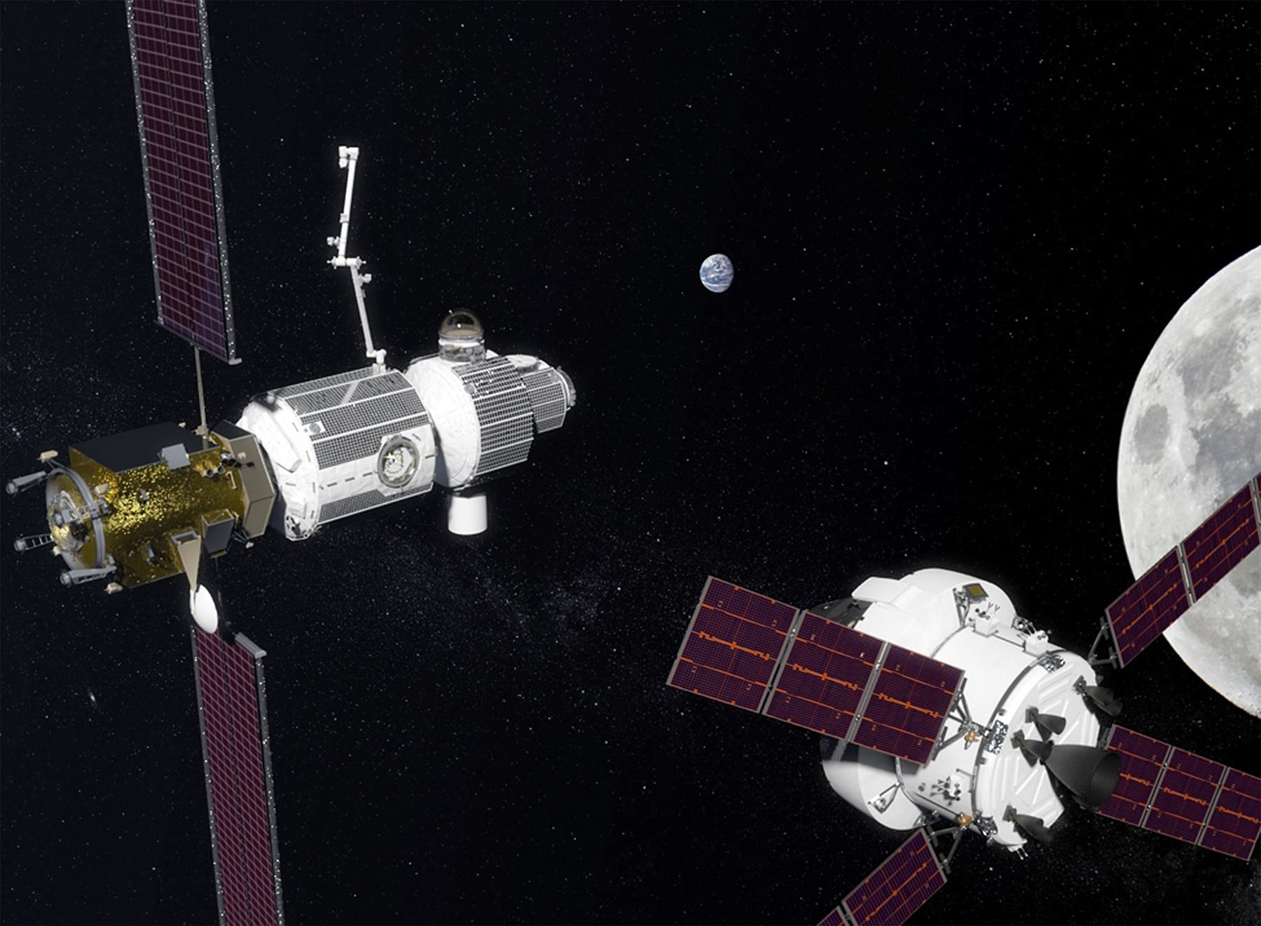 Für die Zukunft plant die NASA eine Raumstation in der Nähe des Mondes: das Lunar Orbital Platform-Gateway. Für die Zukunft plant die NASA eine Raumstation in der Nähe des Mondes: das Lunar Orbital Platform-Gateway.