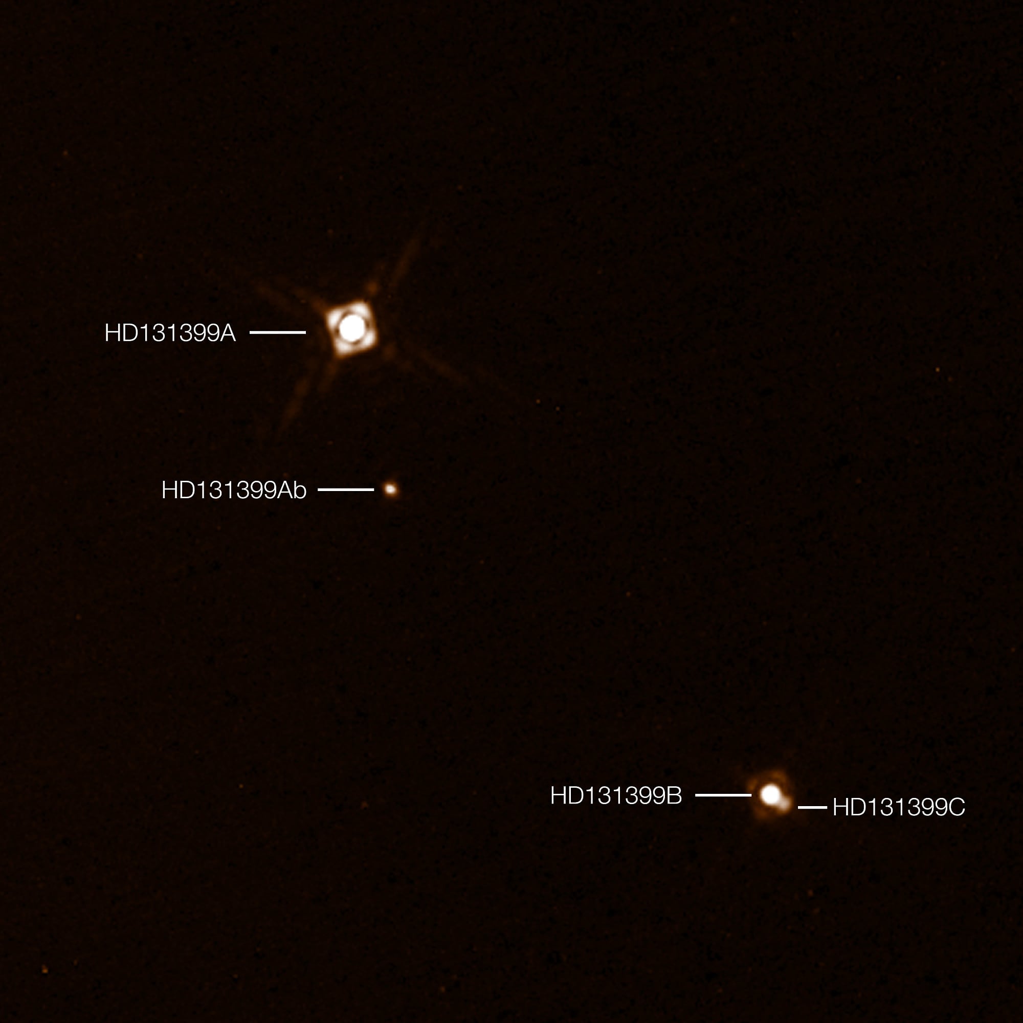 Das Dreifach-Sternsystem HD 131399 mit Exoplanet (Aufnahme des SPHERE-Instruments) Das Dreifach-Sternsystem HD 131399 mit Exoplanet (Aufnahme des SPHERE-Instruments)