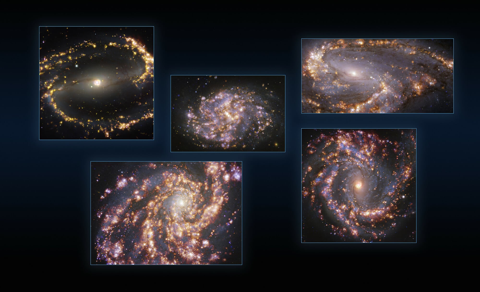 Fünf Galaxien mit ihren aktiven Sternentstehungsgebieten Fünf Galaxien mit ihren aktiven Sternentstehungsgebieten