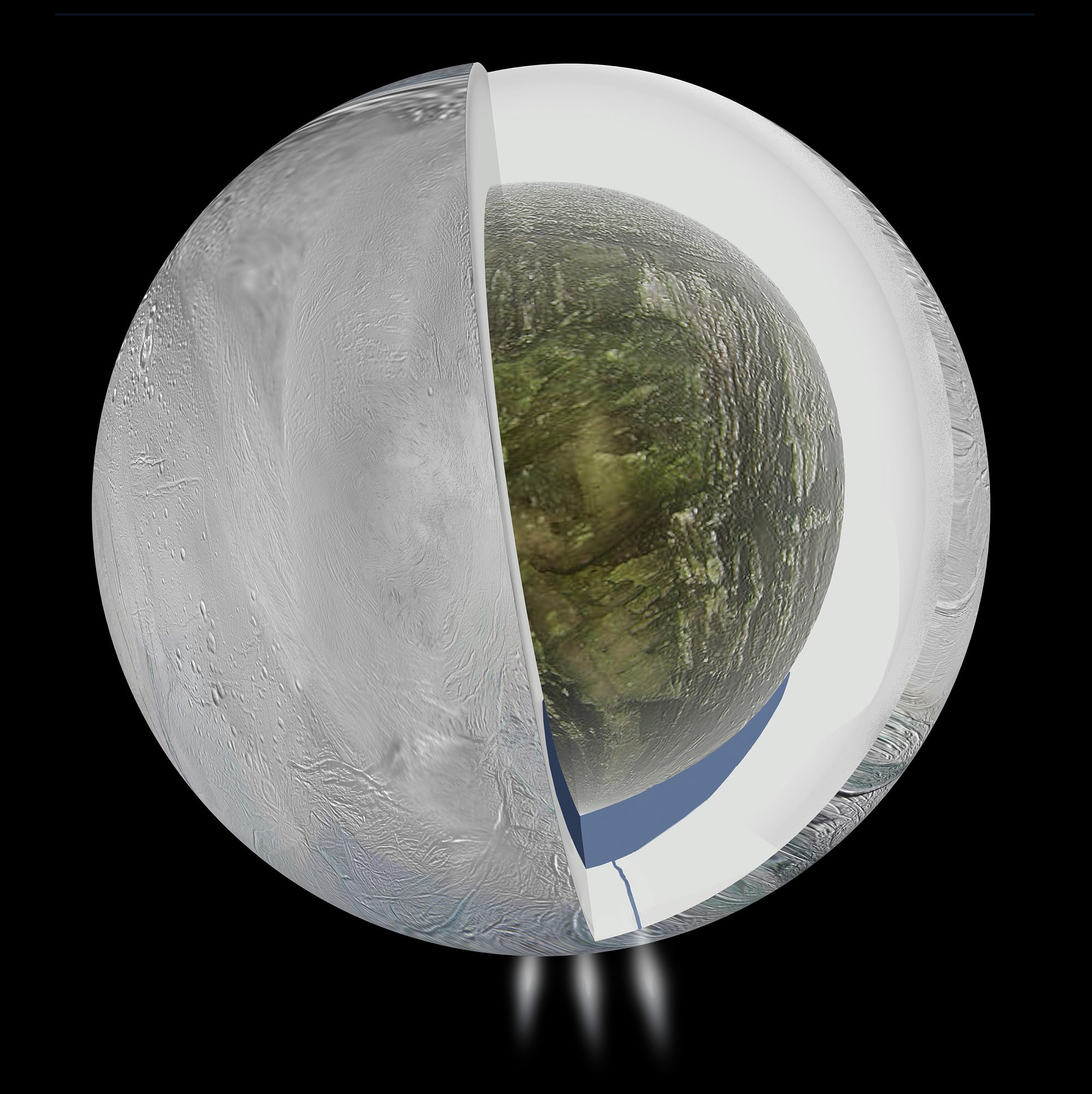 Ein Ozean unter dem Südpol von Enceladus (künstlerische Darstellung) Ein Ozean unter dem Südpol von Enceladus (künstlerische Darstellung)