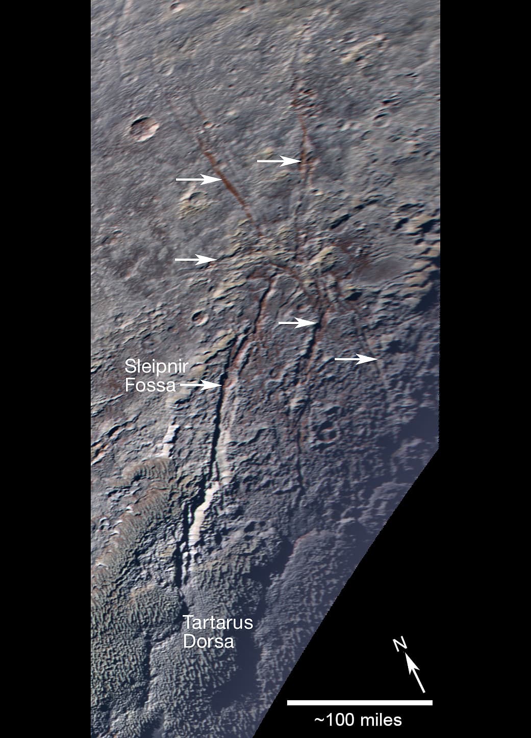Verwerfungen in der Plutokruste (Aufnahme von New Horizons) Verwerfungen in der Plutokruste (Aufnahme von New Horizons)