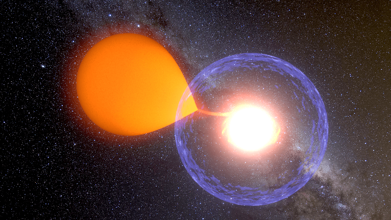 Ein enges Doppelsternsystem wird zur Nova (künstlerische Darstellung) Ein enges Doppelsternsystem wird zur Nova (künstlerische Darstellung)