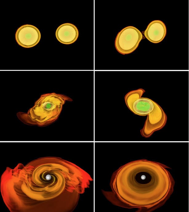 Die Bilder zeigen eine Simulation von zwei Neutronensternen, die zu einem Hypermassiven Neutronestern (HMNS) verschmelzen. Die Bilder zeigen eine Simulation von zwei Neutronensternen, die zu einem Hypermassiven Neutronestern (HMNS) verschmelzen.