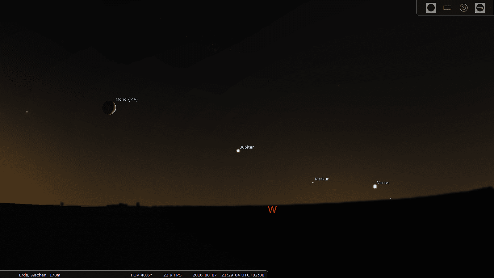 Jupiter, Merkur und Venus am Abendhimmel im Westen (Horizontansicht) Jupiter, Merkur und Venus am Abendhimmel im Westen (Horizontansicht)
