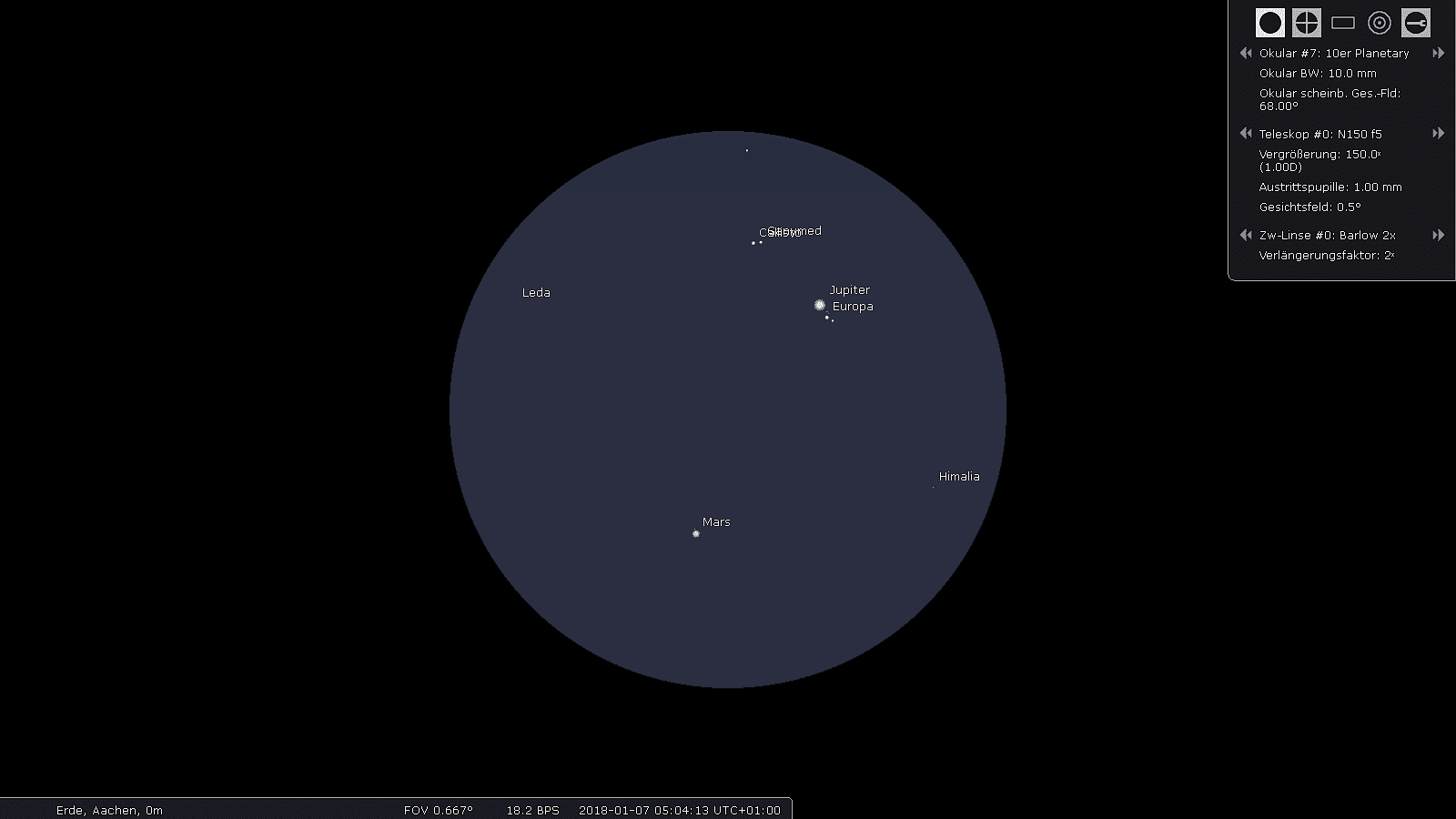 Die Annäherung von Jupiter und Mars im Gesichtsfeld eines Teleskops (Simulation) Die Annäherung von Jupiter und Mars im Gesichtsfeld eines Teleskops (Simulation)