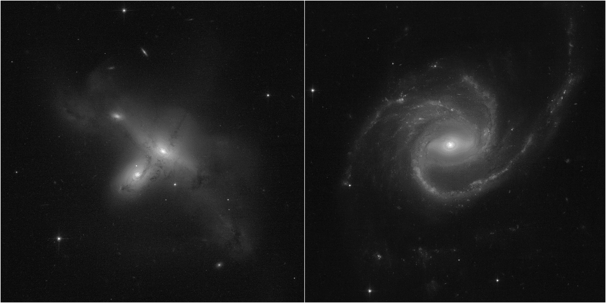 Zu sehen ist zum einen ARP-MADORE2115-273, ein selten beobachtetes Beispiel für ein Paar interagierender Galaxien (links). Zum anderen die große Spiralgalaxie ARP-MADORE0002-503. Zu sehen ist zum einen ARP-MADORE2115-273, ein selten beobachtetes Beispiel für ein Paar interagierender Galaxien (links). Zum anderen die große Spiralgalaxie ARP-MADORE0002-503.