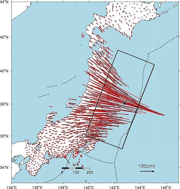 Horizontaler Versatz durch das Tohoku-Beben Horizontaler Versatz durch das Tohoku-Beben