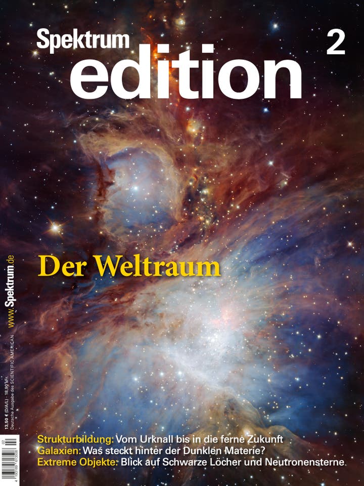 Titelbild der Zeitschrift »Spektrum edition« mit dem Thema Der Weltraum. Das Bild zeigt eine farbenfrohe, detailreiche Aufnahme eines Nebels im Weltraum, durchsetzt mit leuchtenden Sternen. Der Text auf dem Cover hebt Themen wie Strukturierung des Universums, Galaxien und extreme Objekte wie Schwarze Löcher hervor. Die Farben des Nebels reichen von Blau über Rot bis zu Gelb, was die Vielfalt und Schönheit des Universums unterstreicht.