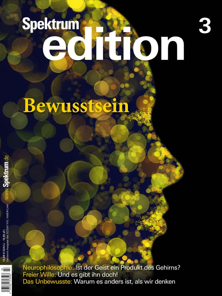 Cover der Zeitschrift »Spektrum edition«, Ausgabe 3, mit dem Thema Bewusstsein. Das Bild zeigt eine künstlerische Darstellung eines menschlichen Profils, das aus leuchtenden, gelben und grünen Kreisen besteht, die an neuronale Verbindungen erinnern. Der Hintergrund ist dunkel gehalten.