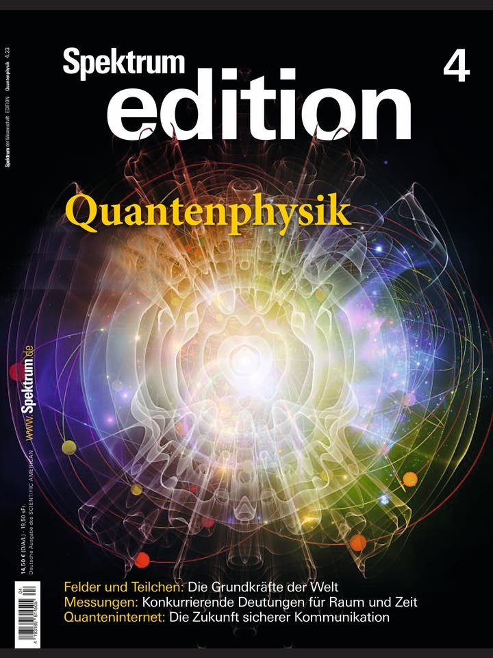 Eine Zeitschriftencover mit dem Titel »Spektrum edition« und dem Thema »Quantenphysik«. Im Hintergrund ist eine abstrakte, bunte Darstellung von Wellen und Partikeln zu sehen, die an ein Energiefeld erinnert. Unten sind Themen wie Felder und Teilchen, Messungen und Quanteninternet aufgeführt.