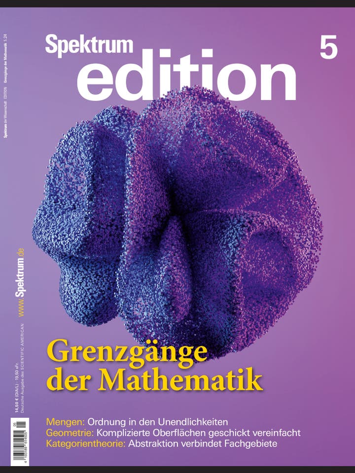 Eine 3D-Darstellung auf dem Cover der Zeitschrift »Spektrum edition«, Ausgabe 5, zeigt eine komplexe, abstrakte Struktur in Violett- und Blautönen vor einem lila Hintergrund. Der Titel »Grenzgänge der Mathematik« ist in gelber Schrift hervorgehoben. Weitere Themen sind Mengen, Geometrie und Kategorientheorie, die in kleineren Texten beschrieben werden.