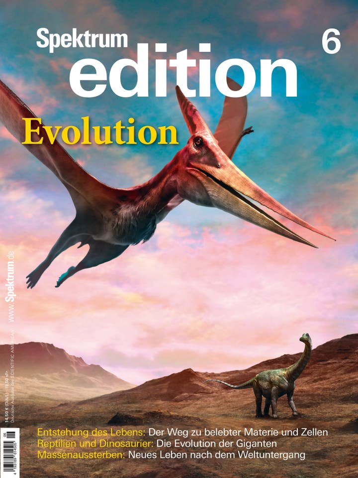Ein künstlerisches Coverbild der Zeitschrift »Spektrum edition« mit dem Titel »Evolution«. Im Vordergrund fliegt ein großer, prähistorischer Flugsaurier mit ausgebreiteten Flügeln über eine Landschaft. Im Hintergrund ist ein Dinosaurier auf dem Boden zu sehen. Der Himmel ist in warmen Farben gehalten, die eine stimmungsvolle Atmosphäre schaffen. Text auf dem Cover: Entstehung des Lebens: Der Weg zu belebter Materie und Zellen, Reptilien und Dinosaurier: Die Evolution der Giganten, Massenaussterben: Neues Leben nach dem Weltuntergang.