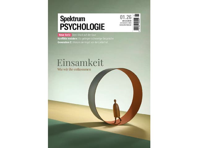 Titelbild des Magazins "Spektrum Psychologie" mit dem Thema "Einsamkeit: Wie wir ihr entkommen". Das Cover zeigt eine stilisierte Holzfigur, die in einem großen, kreisförmigen Band steht, das an ein Möbiusband erinnert. Die Farben sind in sanften Grün- und Beigetönen gehalten. Oben links sind Themen wie "Dem Glück auf der Spur" und "Konflikte meistern" aufgeführt. Oben rechts stehen Preisangaben und die Ausgabe 01.26.