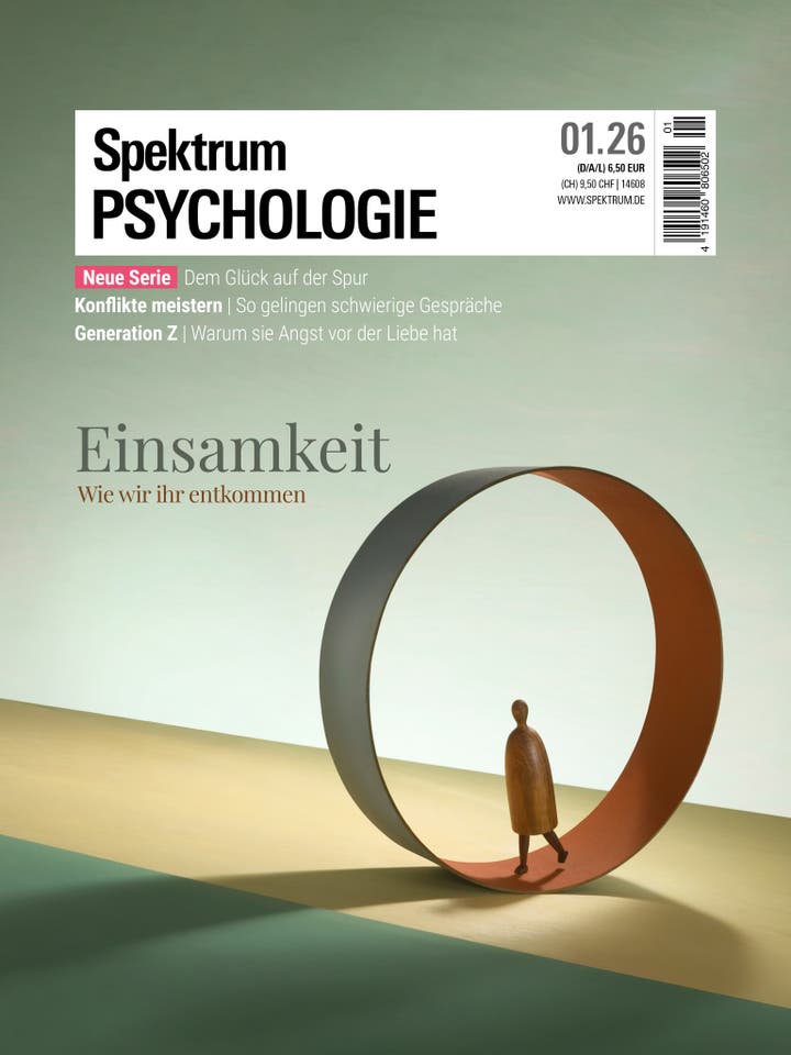 Titelbild des Magazins "Spektrum Psychologie" mit dem Thema "Einsamkeit: Wie wir ihr entkommen". Das Cover zeigt eine stilisierte Holzfigur, die in einem großen, kreisförmigen Band steht, das an ein Möbiusband erinnert. Die Farben sind in sanften Grün- und Beigetönen gehalten. Oben links sind Themen wie "Dem Glück auf der Spur" und "Konflikte meistern" aufgeführt. Oben rechts stehen Preisangaben und die Ausgabe 01.26.