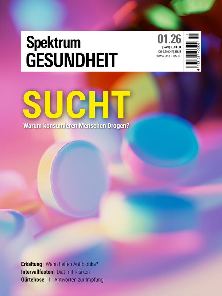 Titelbild des Magazins "Spektrum Gesundheit" mit dem Hauptthema "Sucht: Warum konsumieren Menschen Drogen?" in großen gelben Buchstaben. Der Hintergrund zeigt unscharfe, bunte Tabletten. Oben rechts sind Preisangaben und eine URL zu sehen. Unten werden weitere Themen wie Erkältung, Intervallfasten und Gürtelrose angekündigt.