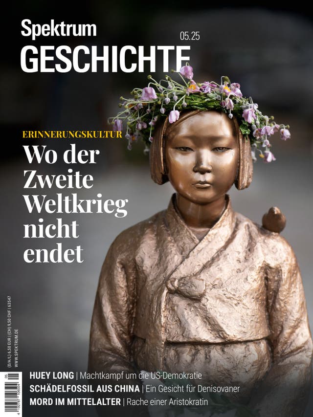Eine bronzene Statue eines Mädchens mit einem Blumenkranz auf dem Kopf, dargestellt auf dem Cover des Magazins "Spektrum Geschichte" Ausgabe 05.25. Der Titeltext lautet: "Erinnerungskultur: Wo der Zweite Weltkrieg nicht endet". Weitere Themen auf dem Cover sind "Huey Long: Machtkampf um die US-Demokratie", "Schädelfossil aus China: Ein Gesicht für Denisovaner" und "Mord im Mittelalter: Rache einer Aristokratin".