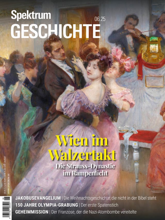 Ein Magazincover mit dem Titel "Spektrum Geschichte" und der Ausgabe 06.25. Im Mittelpunkt steht ein Gemälde, das eine elegante Ballszene zeigt, in der Paare Walzer tanzen. Der Text "Wien im Walzertakt: Die Strauss-Dynastie im Rampenlicht" ist prominent platziert. Weitere Themen auf dem Cover sind das "Jakobusevangelium", "150 Jahre Olympia-Grabung" und eine "Geheimmission". Ein Geiger spielt im Hintergrund, während die Tänzer in festlicher Kleidung dargestellt sind.