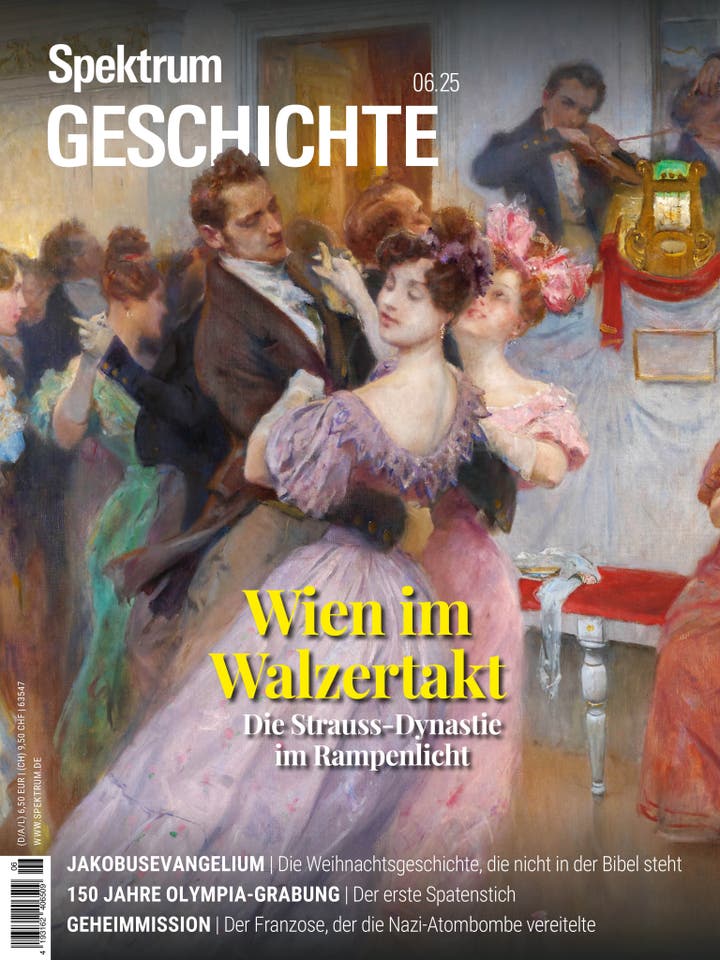 Ein Magazincover mit dem Titel "Spektrum Geschichte" und der Ausgabe 06.25. Im Mittelpunkt steht ein Gemälde, das eine elegante Ballszene zeigt, in der Paare Walzer tanzen. Der Text "Wien im Walzertakt: Die Strauss-Dynastie im Rampenlicht" ist prominent platziert. Weitere Themen auf dem Cover sind das "Jakobusevangelium", "150 Jahre Olympia-Grabung" und eine "Geheimmission". Ein Geiger spielt im Hintergrund, während die Tänzer in festlicher Kleidung dargestellt sind.