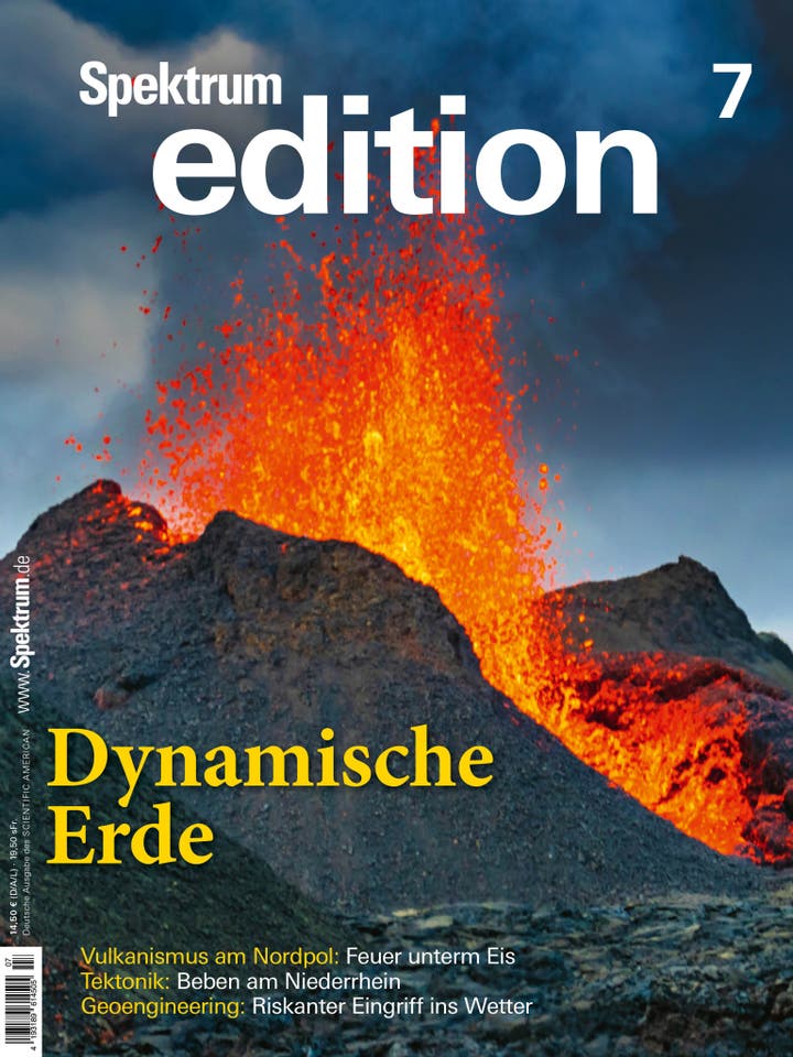 Ein Vulkan bricht aus und speit glühende Lava in den Himmel. Der Hintergrund zeigt einen dramatischen, wolkenverhangenen Himmel. Auf dem Bild steht der Text: »Spektrum edition 7« und »Dynamische Erde«. Weitere Themen sind Vulkanismus am Nordpol: Feuer unterm Eis, Tektonik: Beben am Niederrhein und Geoengineering: Riskanter Eingriff ins Wetter.