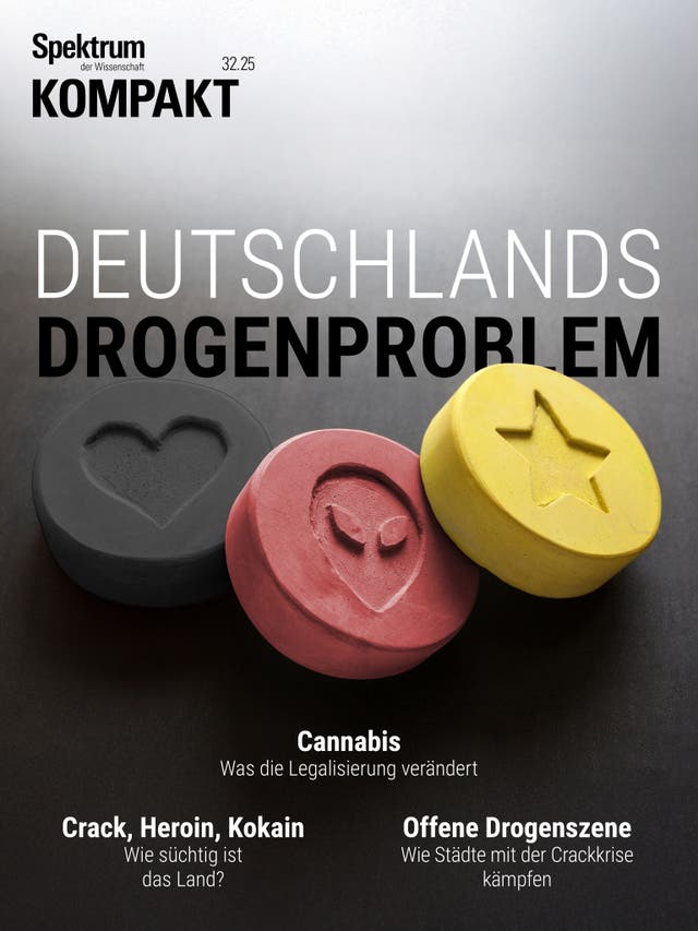 Titelbild des Magazins "Spektrum der Wissenschaft Kompakt" mit dem Thema "Deutschlands Drogenproblem". Drei bunte Tabletten mit Symbolen (Herz, Alienkopf, Stern) sind abgebildet. Text auf dem Cover: "Cannabis - Was die Legalisierung verändert", "Crack, Heroin, Kokain - Wie süchtig ist das Land?", "Offene Drogenszene - Wie Städte mit der Crackkrise kämpfen".
