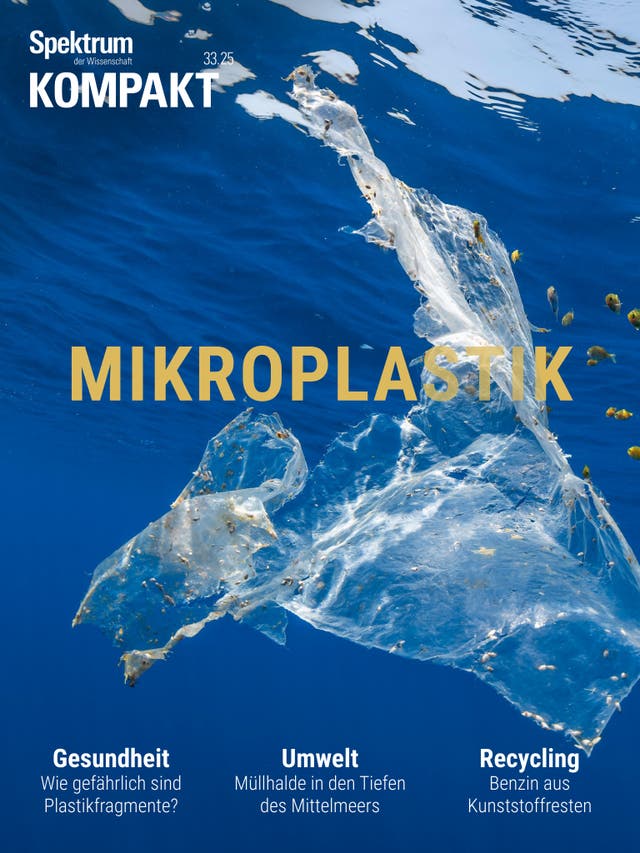 Ein Foto zeigt eine Plastikfolie, die im blauen Wasser des Meeres treibt. Der Text „MIKROPLASTIK“ ist in großen gelben Buchstaben über das Bild gelegt. Oben links steht „Spektrum der Wissenschaft KOMPAKT“. Unten sind die Themen „Gesundheit: Wie gefährlich sind Plastikfragmente?“, „Umwelt: Müllhalde in den Tiefen des Mittelmeers“ und „Recycling: Benzin aus Kunststoffresten“ aufgeführt. Das Bild thematisiert die Umweltproblematik von Mikroplastik im Meer.