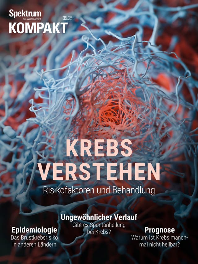 Ein fluoreszenzmikroskopisches Bild zeigt ein komplexes Netzwerk von blauen und roten Strukturen, die möglicherweise Zellen oder Gewebe darstellen. Im Vordergrund steht der Text "Krebs verstehen: Risikofaktoren und Behandlung" in großen Buchstaben. Weitere Themen wie "Epidemiologie", "Ungewöhnlicher Verlauf" und "Prognose" werden ebenfalls erwähnt. Das Bild vermittelt wissenschaftliche Informationen über Krebs und seine Behandlungsmöglichkeiten.