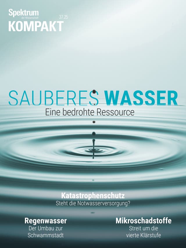 Titelbild des Magazins "Spektrum der Wissenschaft Kompakt" mit dem Thema "Sauberes Wasser: Eine bedrohte Ressource". Im Hintergrund ist ein Wassertropfen zu sehen, der konzentrische Kreise auf der Wasseroberfläche erzeugt. Schlagzeilen umfassen Themen wie Katastrophenschutz, Regenwasser und Mikroschadstoffe.