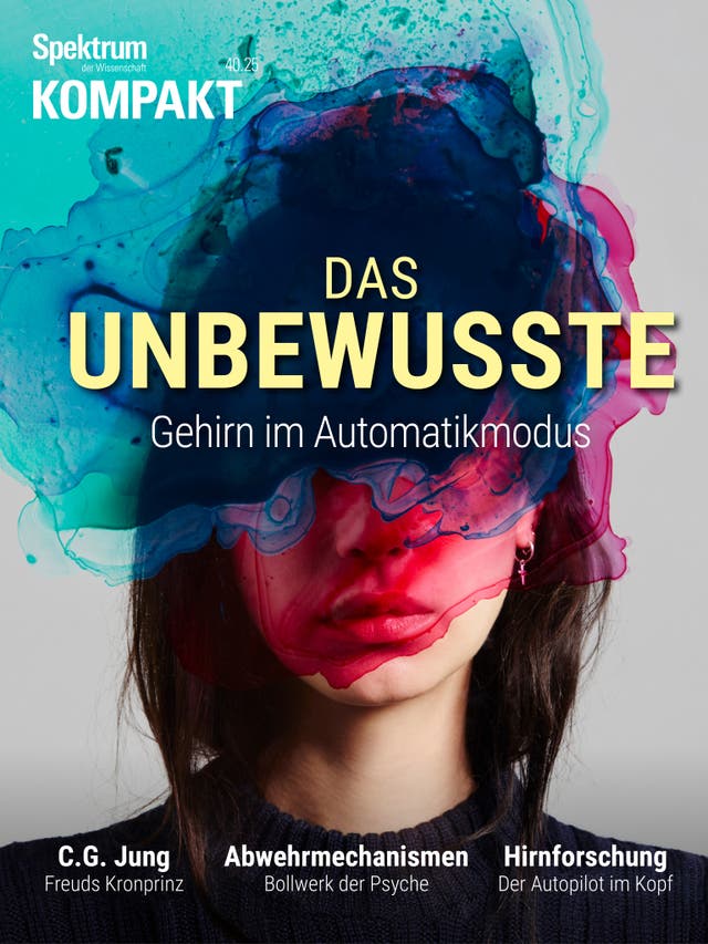 Titelbild des Magazins "Spektrum der Wissenschaft Kompakt" mit dem Thema "Das Unbewusste: Gehirn im Automatikmodus". Im Vordergrund ist das Gesicht einer Person, teilweise verdeckt von bunten Farbverläufen in Blau, Rot und Lila, die das Unbewusste symbolisieren. Oben links steht "Spektrum der Wissenschaft Kompakt 40.23". Unten sind Themen wie "C.G. Jung: Freuds Kronprinz", "Abwehrmechanismen: Bollwerk der Psyche" und "Hirnforschung: Der Autopilot im Kopf" aufgeführt.