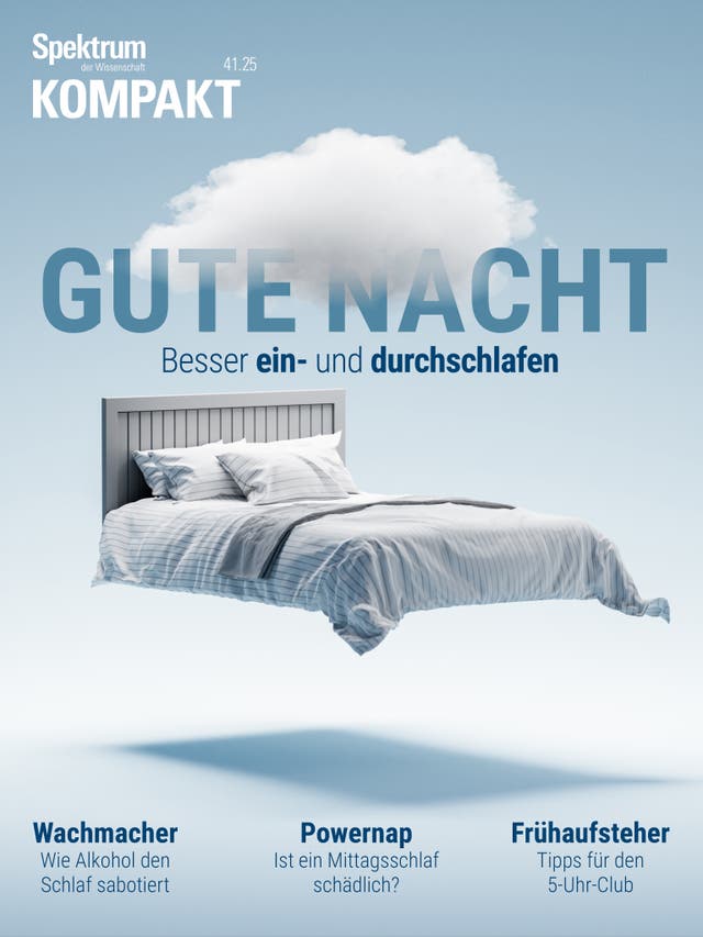 Ein schwebendes Bett mit blauer Bettwäsche vor einem blauen Himmel mit einer Wolke. Der Text „GUTE NACHT“ ist groß darüber geschrieben, gefolgt von „Besser ein- und durchschlafen“. Oben links steht „Spektrum der Wissenschaft KOMPAKT 41.25“. Unten sind drei Themen: „Wachmacher: Wie Alkohol den Schlaf sabotiert?“, „Powernap: Ist ein Mittagsschlaf schädlich?“ und „Frühaufsteher: Tipps für den 5-Uhr-Club“.
