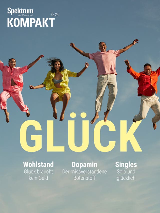 Vier Personen springen in die Luft vor einem blauen Himmel. Sie tragen bunte Kleidung in Rot, Gelb und Rosa. Oben links steht "Spektrum der Wissenschaft KOMPAKT 42.25". In der Mitte ist groß das Wort "GLÜCK" zu sehen. Darunter stehen die Themen: "Wohlstand: Glück braucht kein Geld", "Dopamin: Der missverstandene Botenstoff" und "Singles: Solo und glücklich".
