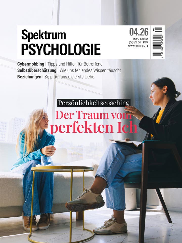 Eine Zeitschrift mit dem Titel "Spektrum Psychologie" zeigt auf dem Cover zwei Personen in einem Gespräch. Eine Person sitzt auf einem Sofa, die andere auf einem Stuhl, beide in einem modernen Raum mit großen Fenstern. Der Text auf dem Cover thematisiert Persönlichkeitscoaching und den "Traum vom perfekten Ich". Weitere Themen sind Cybermobbing, Selbstüberschätzung und Beziehungen. Oben rechts sind Preis und Ausgabeinformationen angegeben. Eine Zeitschrift mit dem Titel "Spektrum Psychologie" zeigt auf dem Cover zwei Personen in einem Gespräch. Eine Person sitzt auf einem Sofa, die andere auf einem Stuhl, beide in einem modernen Raum mit großen Fenstern. Der Text auf dem Cover thematisiert Persönlichkeitscoaching und den "Traum vom perfekten Ich". Weitere Themen sind Cybermobbing, Selbstüberschätzung und Beziehungen. Oben rechts sind Preis und Ausgabeinformationen angegeben.