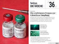 Eine Zeitschriftentitelseite mit der Überschrift "Spektrum der Wissenschaft - Die Woche". Ausgabe Nr. 36 vom 4. September 2025. Hauptthema: "Die wichtigsten Fragen zur Gürtelrose-Impfung". Im Vordergrund sind zwei Impfstofffläschchen mit der Aufschrift "Adjuvans für Shingrix" und eine Spritze auf rotem Hintergrund zu sehen. Weitere Themen: Meeresforschung, Gentechnik, Nahrungsergänzungsmittel und Polyeder.