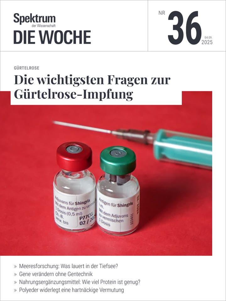 Eine Zeitschriftentitelseite mit der Überschrift "Spektrum der Wissenschaft - Die Woche". Ausgabe Nr. 36 vom 4. September 2025. Hauptthema: "Die wichtigsten Fragen zur Gürtelrose-Impfung". Im Vordergrund sind zwei Impfstofffläschchen mit der Aufschrift "Adjuvans für Shingrix" und eine Spritze auf rotem Hintergrund zu sehen. Weitere Themen: Meeresforschung, Gentechnik, Nahrungsergänzungsmittel und Polyeder.