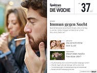 Eine Zeitschriftencover mit dem Titel "Spektrum der Wissenschaft: Die Woche, Nr. 37, 11.09.2025". Der Hauptartikel trägt die Überschrift "Drogen: Immun gegen Sucht". Im Vordergrund ist eine Person zu sehen, die eine Zigarette hält, während eine weitere Person im Hintergrund ebenfalls raucht. Weitere Artikelthemen sind: Sexualität, CO₂-Abscheidung, Einzelgänger bei Tieren und Tumorbehandlungen.