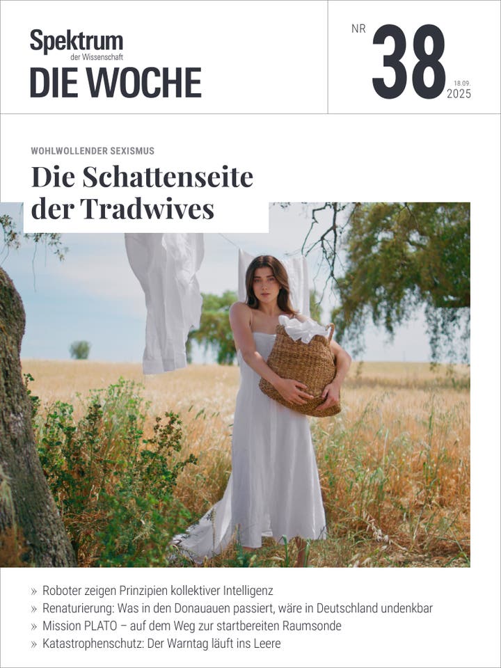 Eine Frau in einem weißen Kleid steht auf einem Feld neben einer Wäscheleine mit aufgehängter weißer Wäsche. Sie hält einen geflochtenen Korb. Der Himmel ist klar und blau. Oben im Bild steht der Titel "Die Schattenseite der Tradwives" und das Magazin "Spektrum Die Woche" mit der Ausgabe Nr. 38 vom 18.09.2025. Darunter sind Themen wie kollektive Intelligenz von Robotern und Renaturierung in den Donauauen aufgeführt.