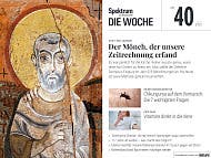 Titelbild des Magazins "Spektrum der Wissenschaft – Die Woche", Ausgabe Nr. 40 vom 2. Oktober 2025. Im Zentrum steht ein antikes Fresko eines Mönchs mit Heiligenschein, das den Artikel "Der Mönch, der unsere Zeitrechnung erfand" illustriert. Weitere Themen auf dem Cover sind Chikungunya, Drip Bars, technische Chemie und Elektromobilität.