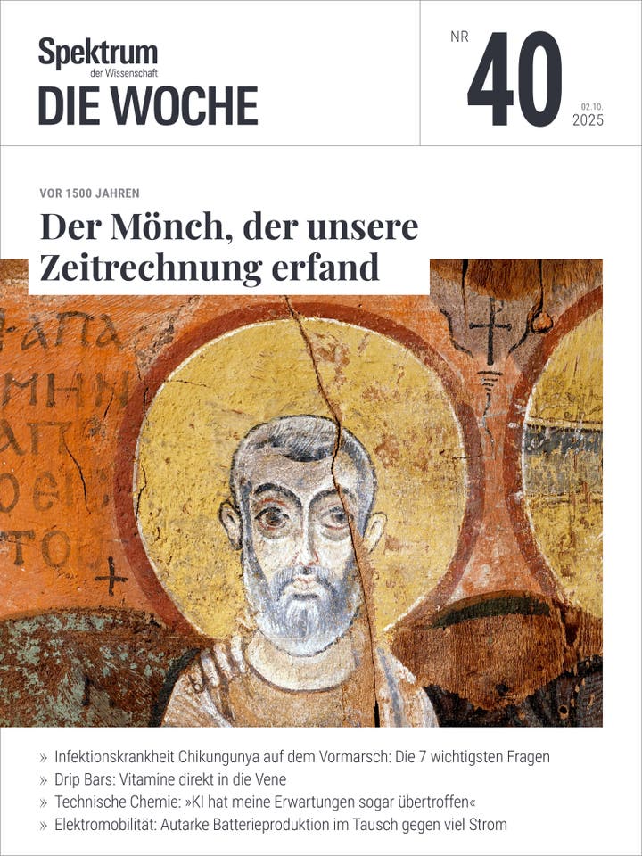 Titelbild des Magazins "Spektrum der Wissenschaft – Die Woche", Ausgabe Nr. 40 vom 2. Oktober 2025. Im Zentrum steht ein antikes Fresko eines Mönchs mit Heiligenschein, das den Artikel "Der Mönch, der unsere Zeitrechnung erfand" illustriert. Weitere Themen auf dem Cover sind Chikungunya, Drip Bars, technische Chemie und Elektromobilität.