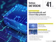 Titelbild des Magazins "Spektrum Die Woche", Ausgabe Nr. 41 vom 9. Oktober 2025. Im Zentrum steht ein leuchtender, blauer Chip, der Quantenphysik symbolisiert. Der Text "Quantenphysik auf einen Chip gebannt" hebt das Thema hervor. Weitere Artikelhinweise umfassen den Nobelpreis für Physik 2025, den Nobelpreis für Physiologie oder Medizin, und chemische Entdeckungen. Das Design ist futuristisch mit einem Fokus auf Wissenschaft und Technologie.