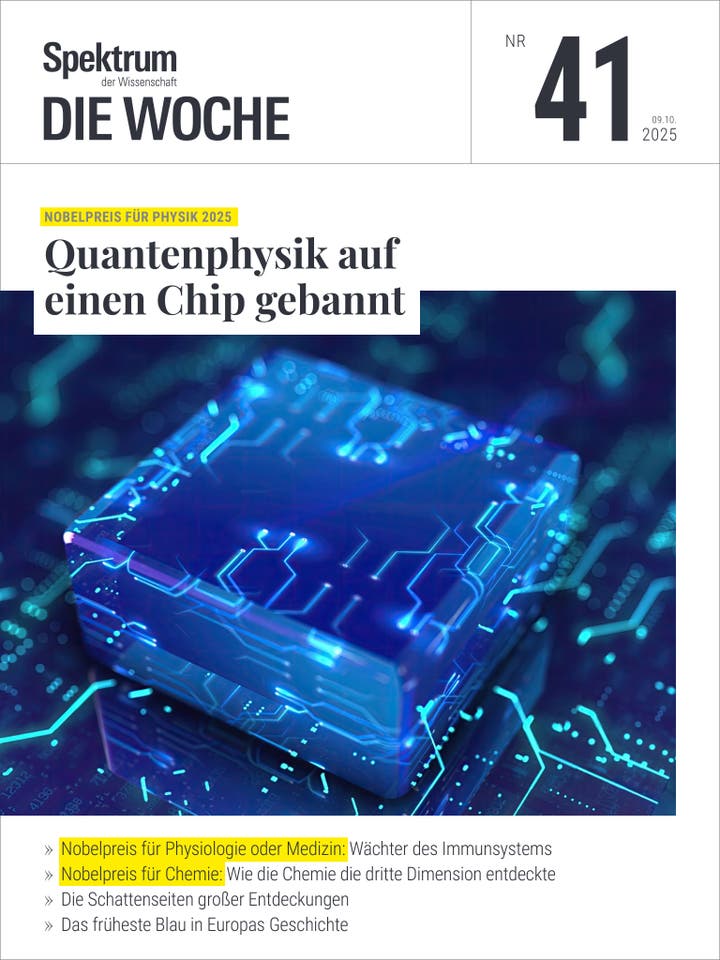 Titelbild des Magazins "Spektrum Die Woche", Ausgabe Nr. 41 vom 9. Oktober 2025. Im Zentrum steht ein leuchtender, blauer Chip, der Quantenphysik symbolisiert. Der Text "Quantenphysik auf einen Chip gebannt" hebt das Thema hervor. Weitere Artikelhinweise umfassen den Nobelpreis für Physik 2025, den Nobelpreis für Physiologie oder Medizin, und chemische Entdeckungen. Das Design ist futuristisch mit einem Fokus auf Wissenschaft und Technologie.