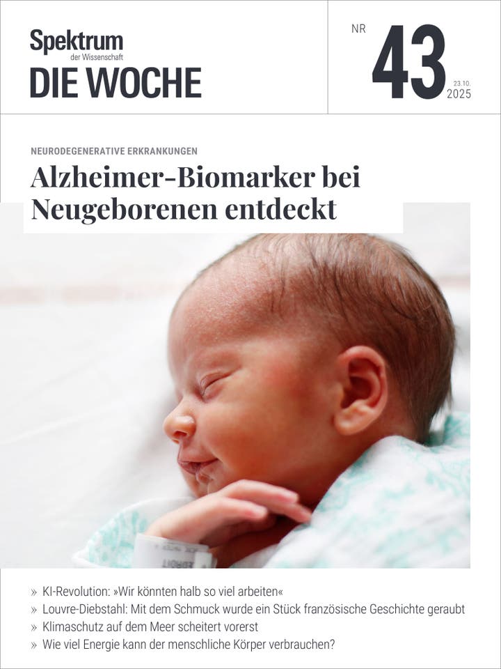 Titelbild der Zeitschrift "Spektrum der Wissenschaft - Die Woche", Ausgabe Nr. 43 vom 23. Oktober 2025. Im Mittelpunkt steht ein schlafendes Neugeborenes, das in ein Krankenhausbett gelegt wurde. Der Artikel thematisiert die Entdeckung von Alzheimer-Biomarkern bei Neugeborenen. Weitere Schlagzeilen umfassen Themen wie die KI-Revolution, einen Diebstahl im Louvre, Klimaschutz auf dem Meer und den Energieverbrauch des menschlichen Körpers.