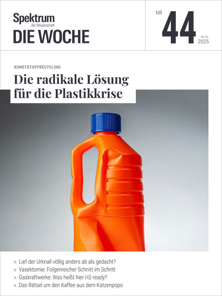 Eine Zeitschriftencover mit dem Titel "Spektrum der Wissenschaft: Die Woche, Nr. 44, 30.10.2025". Im Mittelpunkt steht ein orangefarbener Plastikkanister mit blauem Deckel, der das Thema "Kunststoffrecycling: Die radikale Lösung für die Plastikkrise" illustriert. Weitere Themen auf dem Cover sind der Urknall, Vasektomie, Gaskraftwerke und ein Rätsel um Kaffee.